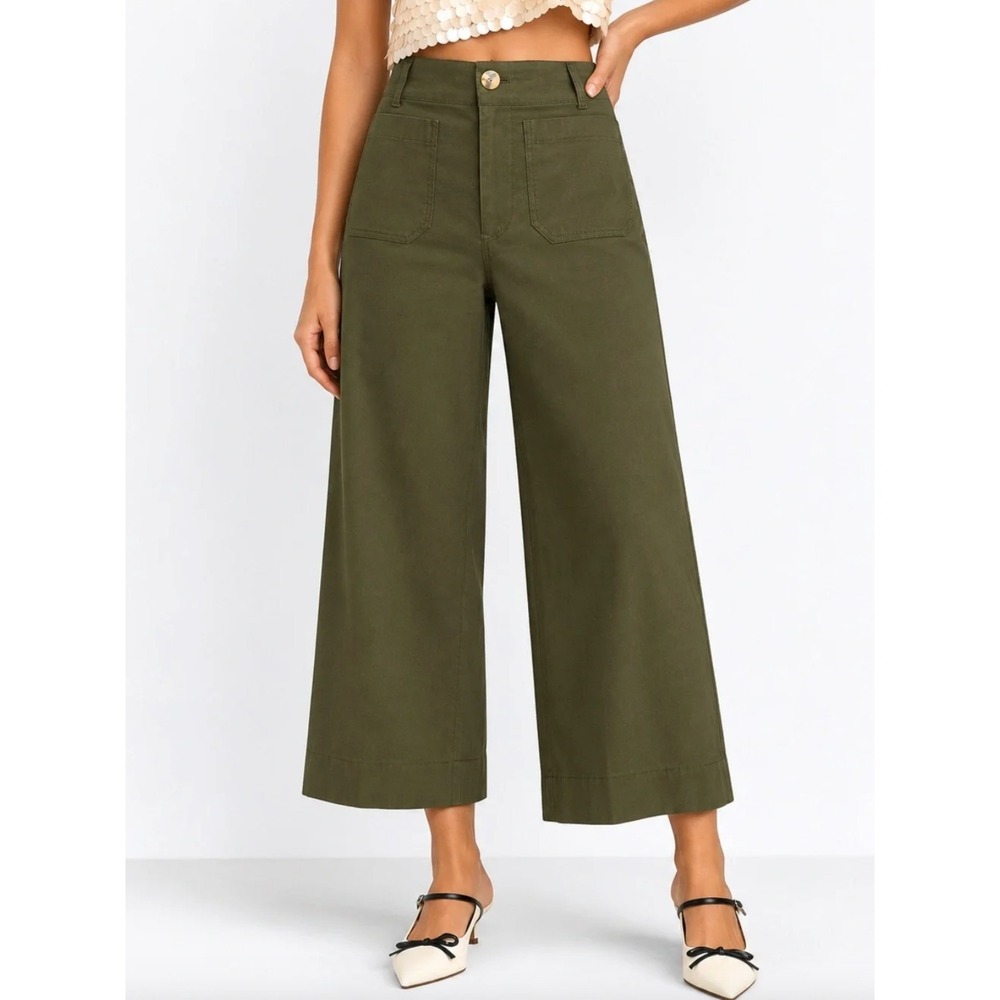 MAEVE x ANTHROPOLOGIE The Colette Crop Wide-Leg Pants in Olive Green Linen Blend